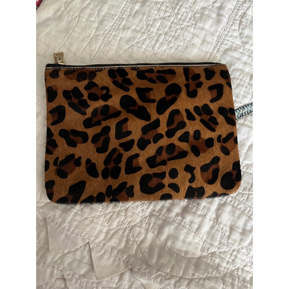 AKAIV Leopard Print Calf Hair Zip Clutch Bag Brown Black Animal Pattern Pouch